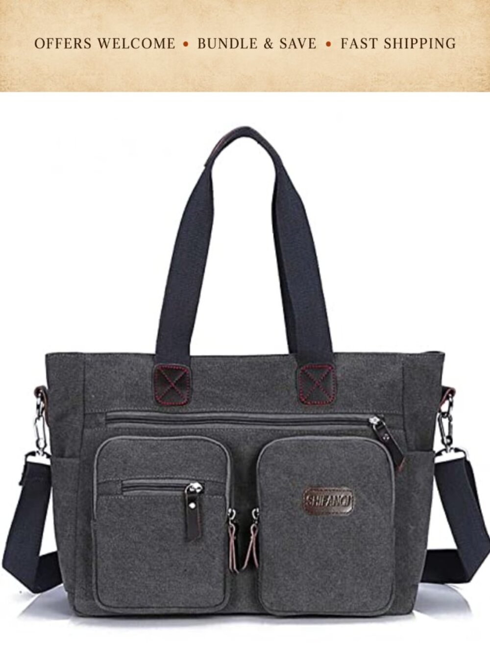 Canvas Laptop Tote Bag 16 Pockets Crossbody Shoulder Handbag Work School Travel